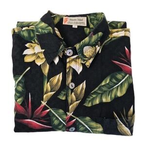 Vintage Paradise Island Mens Hawaiian‎ Shirt L Cotton Hibiscus Tropical Aloha